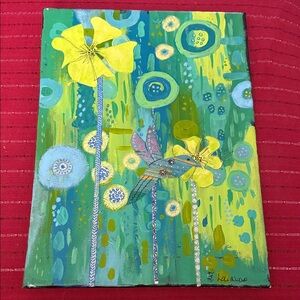 Original Canvas Art multimedia signed painting of flowers and hummingbird 12x16